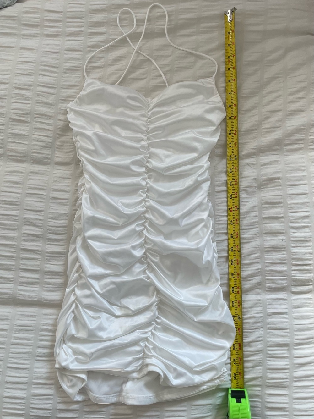 Lucy in the Sky White Ruched Satin Mini Dress with Spaghetti Straps
